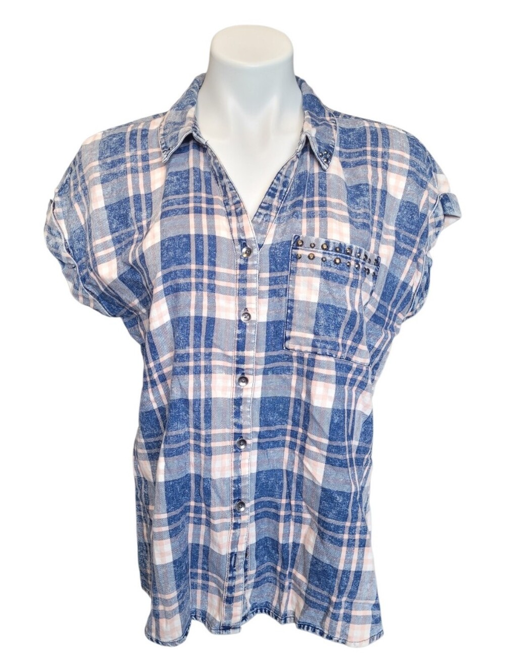 Rock & Republic Womens Large Plaid Short Sleeve Button Down Top